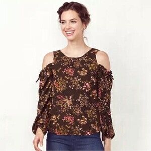 Lauren Conrad army green cold shoulder floral top size XS
